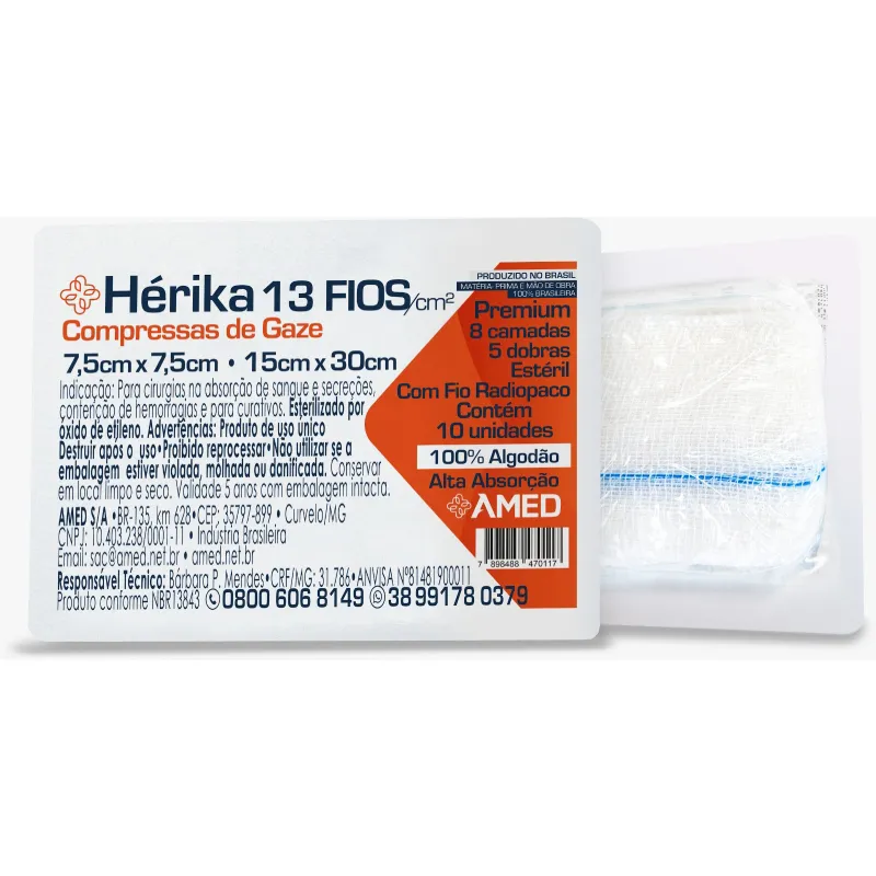 Compressa de gaze est. 7,5x7,5 c/10und 13 fios C/RX  Herika -   Linha Premium   C/ 10Und. - Imagem 2